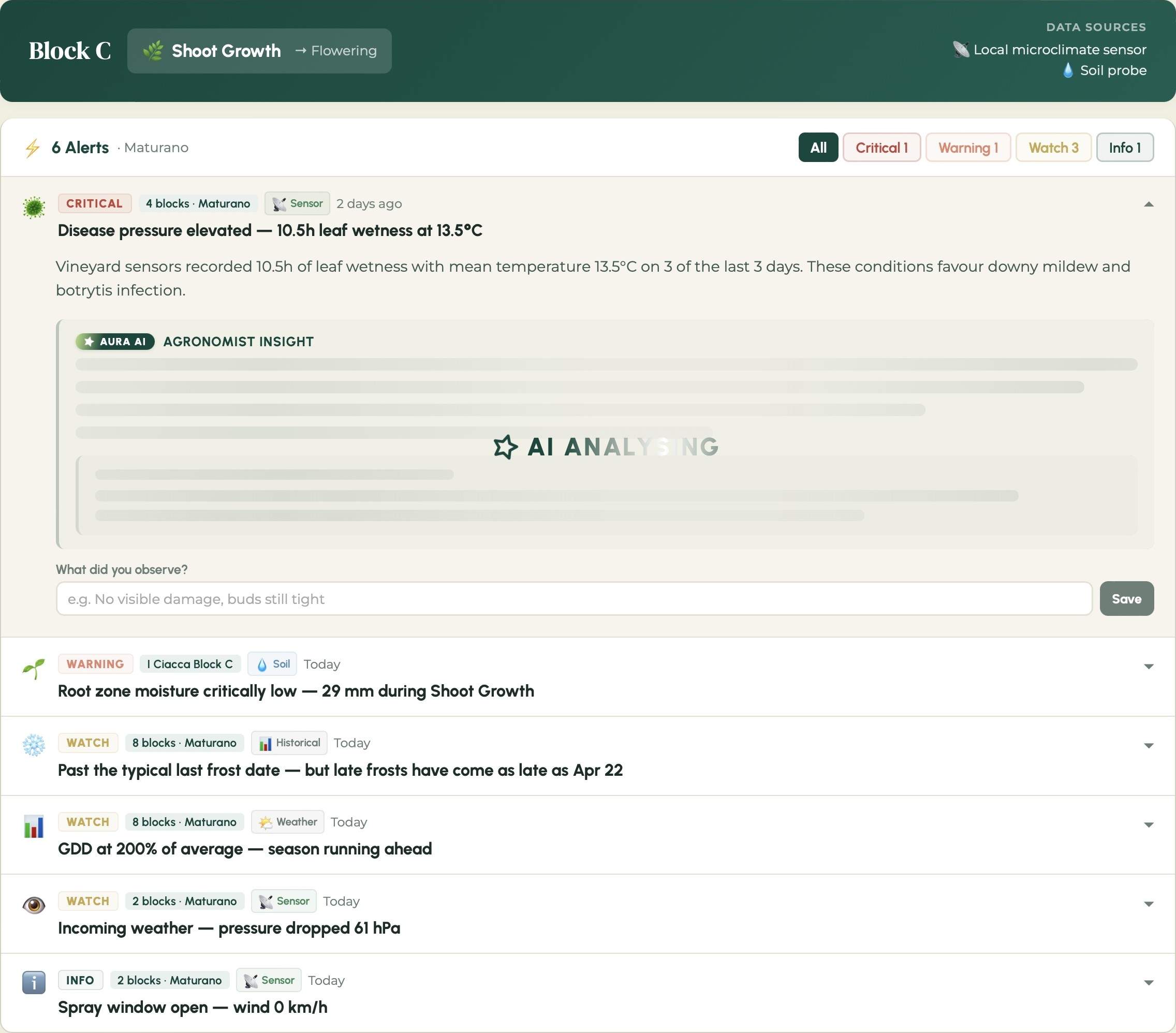 Detail of an Aura alert: frost warning during bud break, with AI agronomist guidance.