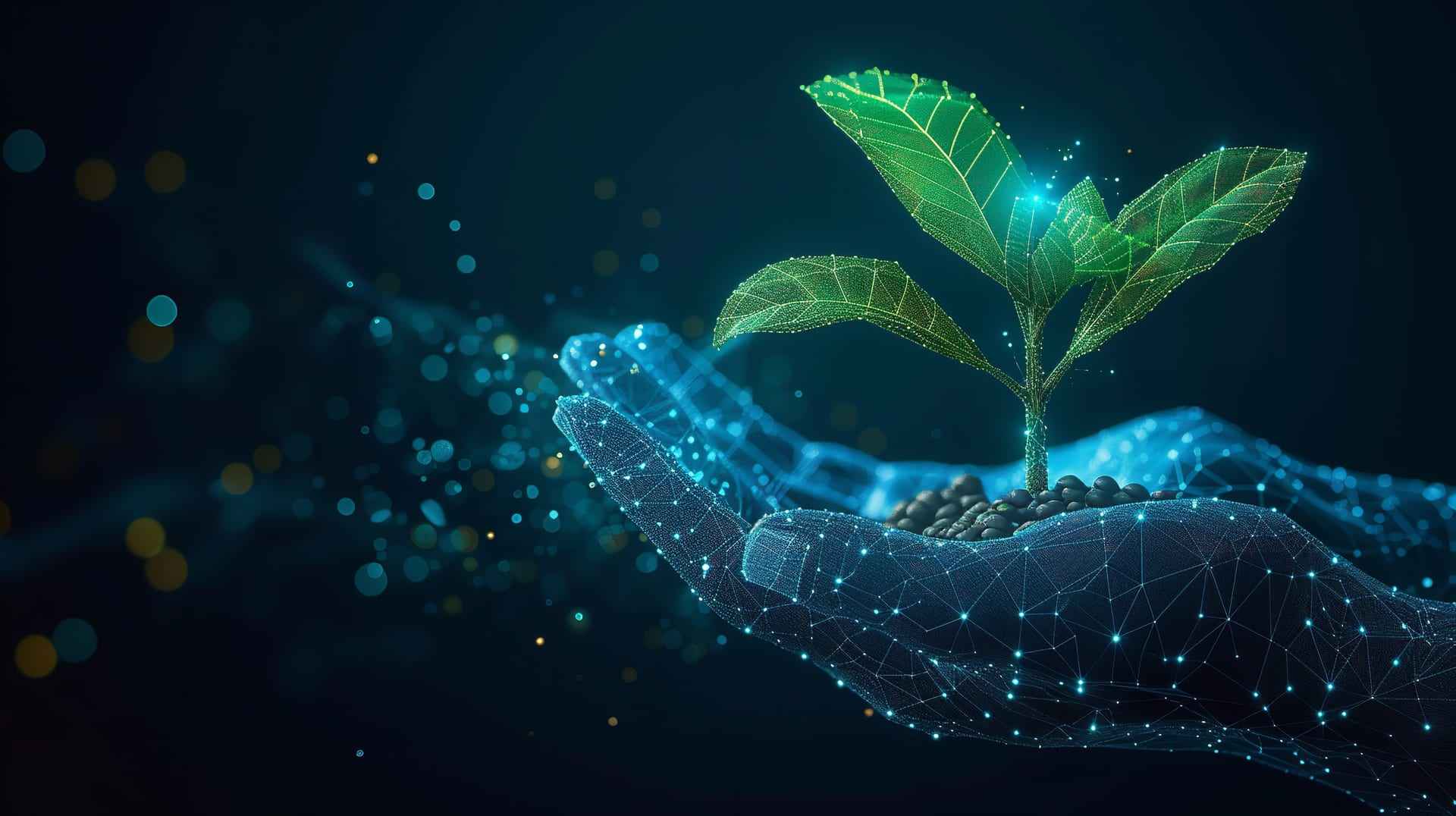 A digital wireframe seedling resting on an open hand: agriculture meets artificial intelligence.
