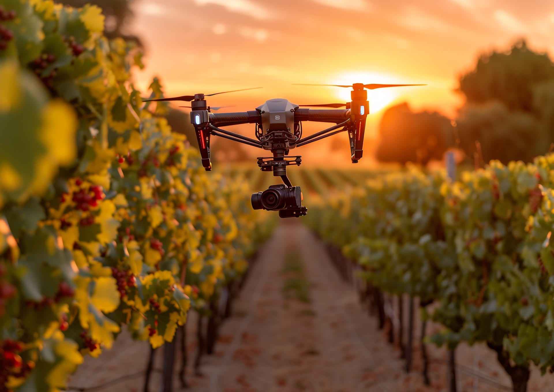 An autonomous drone flying low over an Italian vineyard at sunset.