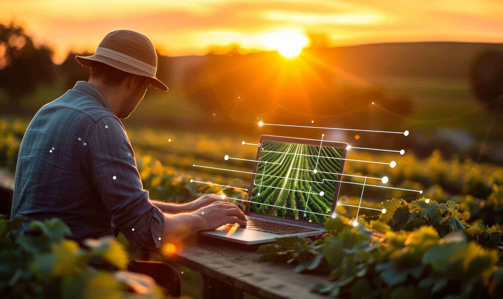 A vineyard worker at a laptop in an Italian vineyard at sunset, with data overlays.