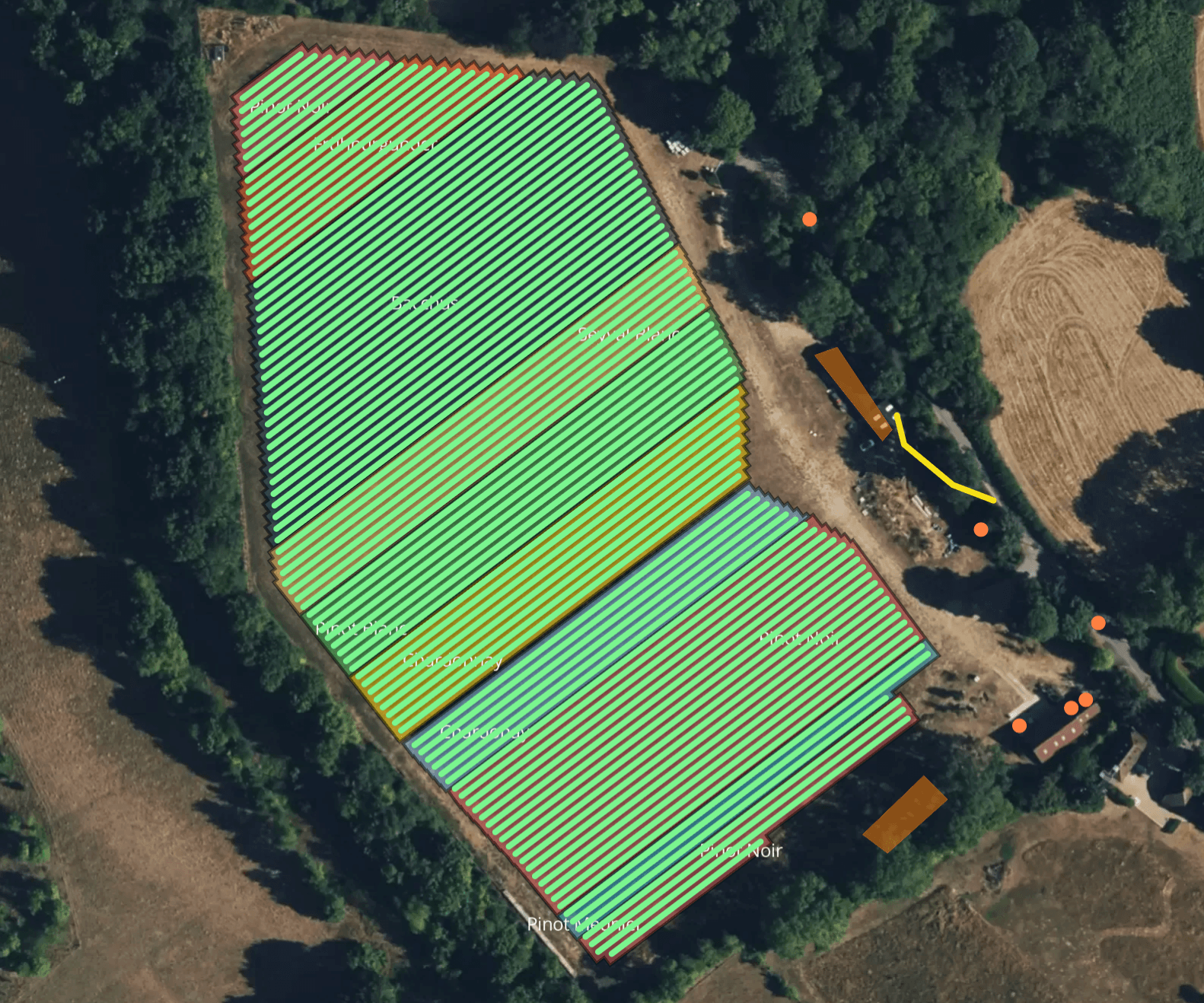 Aerial view of a vineyard with Aurelia's varietal block overlay, showing vine rows labelled by grape variety.